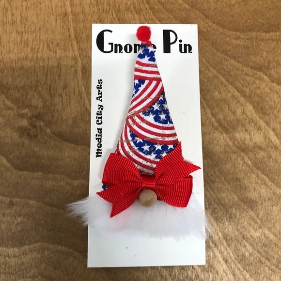 Stars & Stripes Gnome Pin Brooch Handmade Bow Gift Guide July 4th USA Americana - Picture 3 of 6